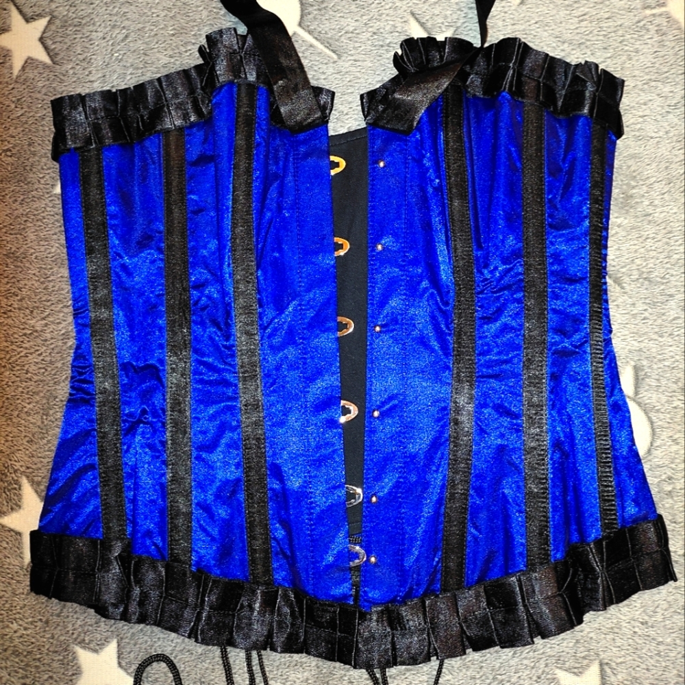 Royal Blue Black Genuine Steel Boned Corset Top Shirt Blouse